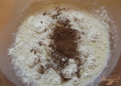 В отдельной сухой посуде просейте муку с содой и солью. Соль кладут даже в сладкие блины. Всыпьте мучную смесь в жидкое тесто и сверху положите какао-порошок. Вместо какао можно положить пакетик (1 шт) капучино - вкус будет необычный. Все полученное тесто в течении 3-5 минут взбивайте на медленной скорости миксером или венчиком до получения жидкого однородного теста без комочков.