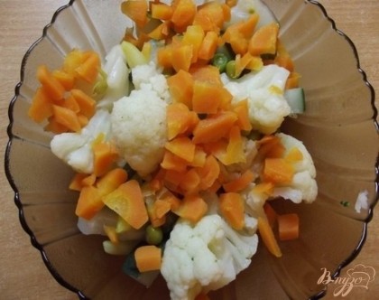 Сваренную морковь нарезаем небольшими кусочками и добавляем в салатик. Все перемешиваем. Ставим овощи в холодильник минут на десять, чтобы они полностью остыли.