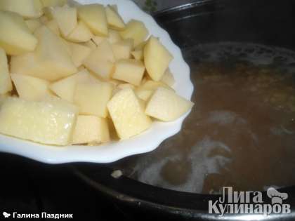 Затем  в кастрюлю добавить нарезанный картофель. Его варить до полуготовности.