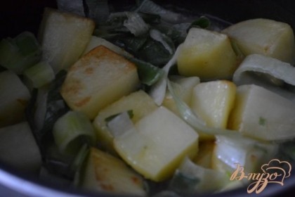 В кастрюльке на оливковом масле немного обжарить кусочки картофеля и лук порей.