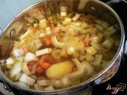 Когда картофель сварится наполовину,выкладываем к нему овощи со сковороды.И варим до мягкости.