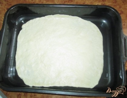 Расскатать тесто на ровной поверхности. Смазать противень подсолнечным маслом и выложить на него тесто.