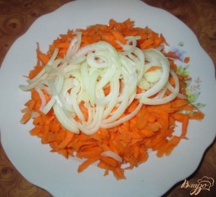 Порезать репчатый лук и потереть морковь на терке.