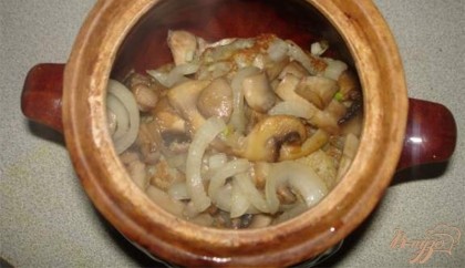На сковороде, где жарили деруны обжарьте грибы с луком. Посолить и поперчить. На слой дерунов в горшочек выкладываем несколько ложек грибов. После несколько ложек сметаны.