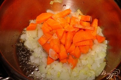 Когда лук размягчится, запрозрачневеет, добавьте в кастрюлю морковь. Перемешайте. Тушим 10 минут.