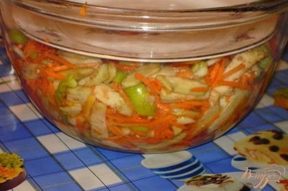 В кастрюле приготовьте маринад из вышеуказанных продуктов. Кипящим маринадом залейте овощи. Положите сверху на овощи тарелку и поставьте груз.