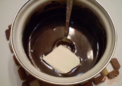 Пока выпекается бисквит, готовим шоколадную глазурь. Смешиваем 1 ст. л какао-порошка с двумя столовыми ложками воды. Если пирог предназначен только для взрослых, то часть воды можно заменить ликером. Смешиваем 2 ст. л сметаны с сахаром 10 г и какао-порошком 1 ст. л. Ставим смесь на медленный огонь, помешивая, доводим до кипения и выключаем. Добавляем в глазурь 20 г сливочного масла. Перемешиваем, растворяем. Глазурь шоколадная готова.