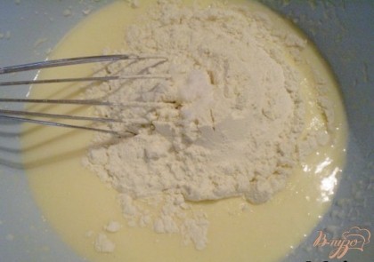 В кефир добавляем соль, яйцо, тщательно размешиваем. Добавляем разрыхлитель для теста или соду с уксусом и муку. Перемешиваем до однородного состояния.