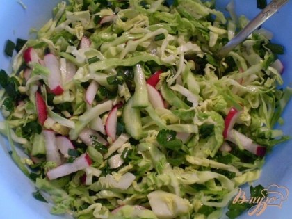 Готово! Соединяем овощи, солим, заправляем оливковым маслом и всё, салат - рецепт на скорую руку готов!