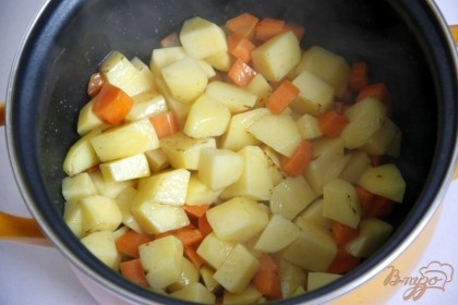 Картофель и морковь нарезать кубиками, обжарить на сильном огне на растительном масле в сотейнике.
