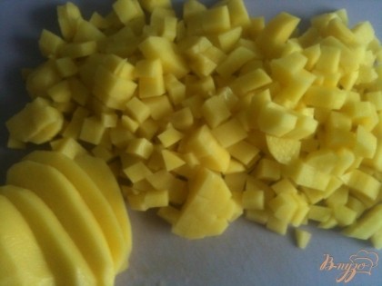 Картофель почистить , промыть и нарезать мелкими кубиками.