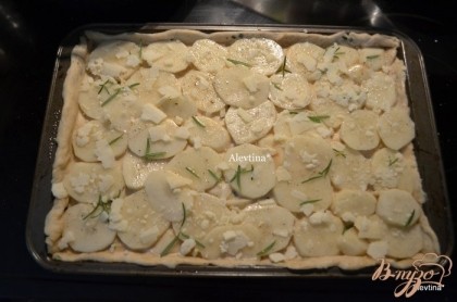 Затем выложим картофель на тесто,прикрывая им все поверхность одним слоем,розмарин иголочками раскидаем поверх картофеля,а затем также сыр пармезан.