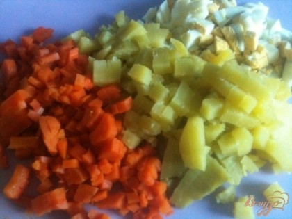 Яйца, картофель, морковь нарезать мелко.