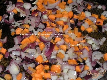 На растительном масле обжарить мелко нарезанный лук и морковь, присолить.