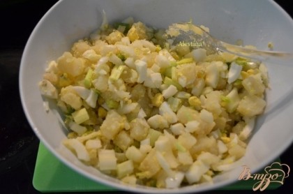 Смешать майонез,уксус,горчицу соль и перец в стеклянной миске или пластмассовой. Выложить сюда же картофель порезанный,сельдерей,лук и яйца, перемешать.