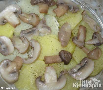 Жаропрочную емкость смазать растительным маслом и уложить слоями: картофель, затем грибы.  Посолить, поперчить.