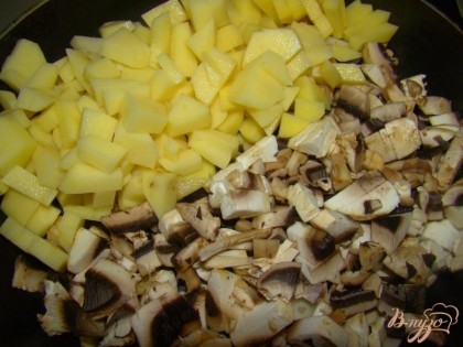 Картофель порубить брусочками, грибы нарезать кубиками, посолить, поперчить, все выложить в глубокую сковороду смазанная подсолнечным маслом.
