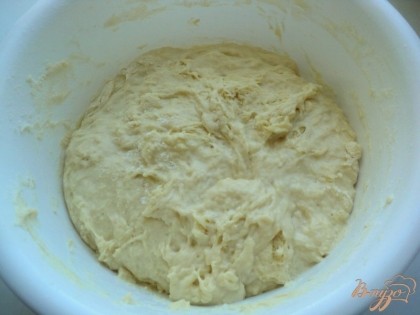 Затем добавить муку и замесить мягкое тесто. Накрыть миску полотенцем и оставить тесто на 1 час.