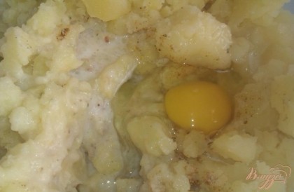 Отварной картофель освобождаем от кожуры, превращаем в пюре, добавляя к нему свежее яйцо, соль и приправу.