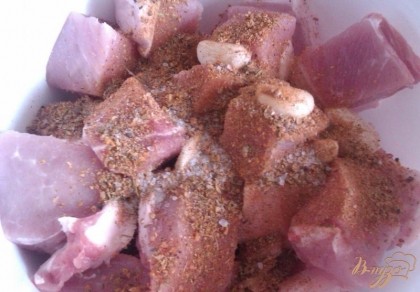 В миску кладем мясо, раздавленный чеснок без кожицы, всыпаем приправу для шашлыка и соль по вкусу.