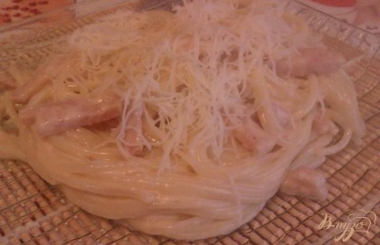 Готово! Подаем на порционной тарелке, немного присыпав оставшимся сыром пармезан, и сразу же кушаем, пока спагетти а-ля карбона не остыли.