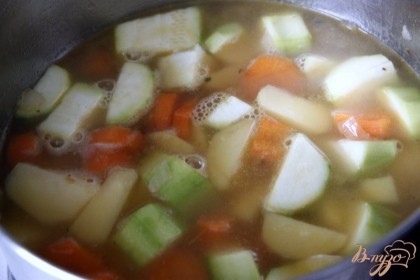 Добавить овощной бульон, чтобы слегка покрывал овощи, и варить под крышкой до готовности овощей (20-30 мин.)