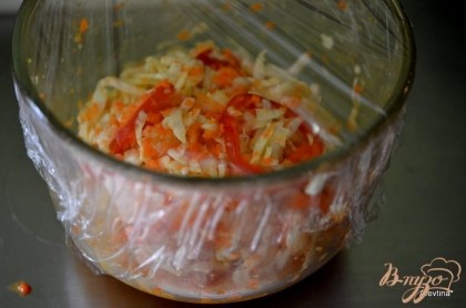 Перемешать капусту, морковь,красный перец в емкости. Выложить готовый соус,перемешать, добавить соль, перемешать и закрыть пленкой пищевой. Поставить на 1 час в холодильник или более.