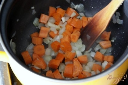 Лук и чеснок мелко нарезать, протушить в воде или пожарить на растительном масле до прозрачности. Добавить морковь, нарезанную кружочками. Тушить под крышкой 3 мин.