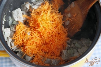 Добавить морковь, натёртую на мелкой тёрке, протушить 2-3 мин. всё вместе. Посолить, поперчить.