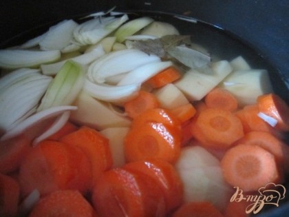Картофель, морковь и луковицу почистить и нарезать на кусочки.Залить водой, посолить и бросить лаврушку. Поставить вариться на тихий огонь до готовности.