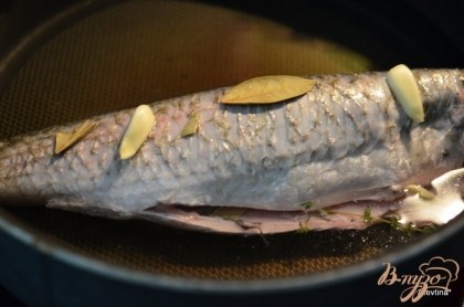 Залить водой ,чтоб покрывало рыбу и выложить тимьян,лавровый лист ,чеснок , соль и перец. Как закипит бульон , дать постоять рыбе еще 8 мин.