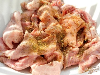 Мясо свинины хорошо помыть и обсушить. Порезать небольшими кусочками, поместить в глубокую миску. Посыпать специями для шашлыка, влить соевый соус.