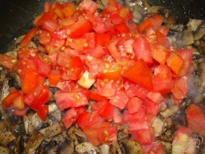 Добавить к грибам помидоры, посолить, поперчить и жарить еще 5-7 минут
