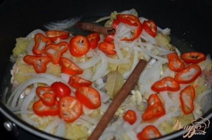 Сверху куриных кусочков выложим ананас мелко порубленный, лук,чеснок,красный перец,сок ананаса и палочку корицы с лавровым листом.