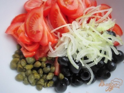 В салатник уложить дольки помидор, репчатый лук, маслины и каперсы.Приправить оливковым маслом, посолить по вкусу. По желанию можно добавить свежую зелень.Перемешать.