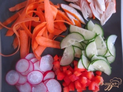 Овощи и крабовые палочки нарезать тонко.