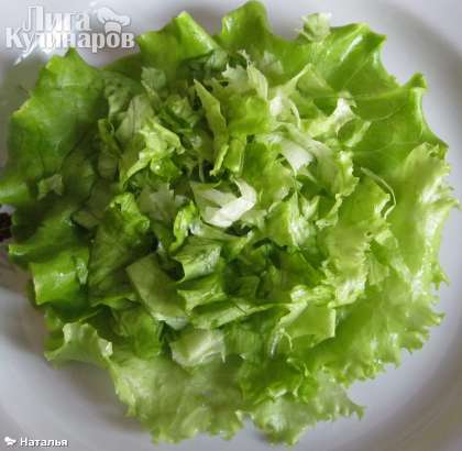 Листья салата выложить на плоское блюдо, их можно порезать или порвать