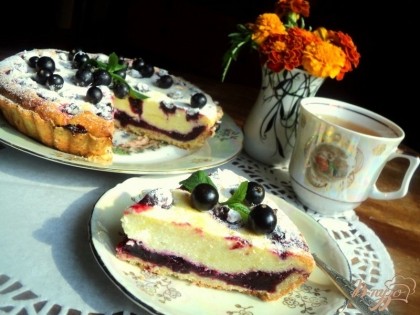 Перед подачей тарт посыпать сахарной пудрой, украсить ягодами смородины и мятой. Приятного аппетита!