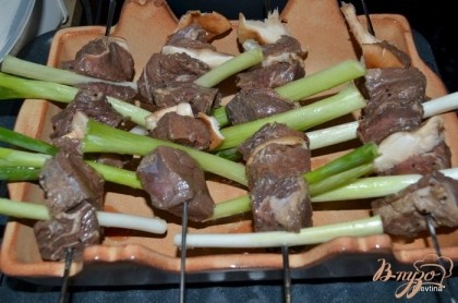Наденем мясо на шампура чередуя мясо,лук и грибы. Обжариваем на гриле или в духовке до готовности мяса.