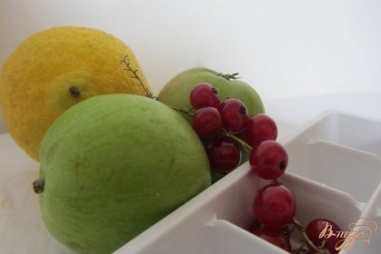 Для приготовления ледяных кубиков Вам понадобиться: лимон, яблоки, красная смородина, вода. Вы можете сами выбрать другой наполнитель, который более подойдет к Вашему коктейлю.