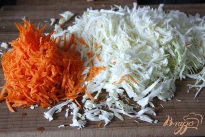 Капусту тонко нашинковать, морковь натереть на крупной тёрке или на тёрке для корейской морковки.