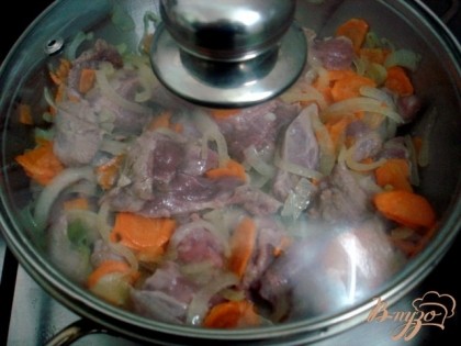 На разогретой сковороде, на растительном масле обжариваем мясо., затем добавляем к нему лук и морковь и жарим почти до готовности.