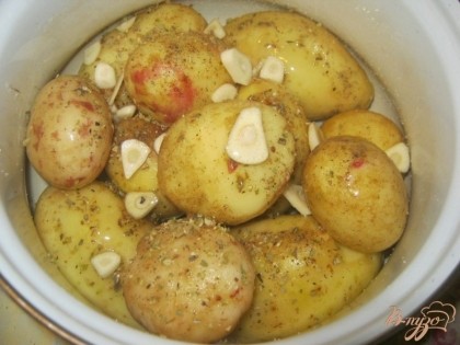 Уложить картофель в кастрюльку, посыпать любимыми специями по вкусу, добавить нарезанные тонкими кружочками зубчики чеснока, полить растительным маслом. Перемешать.