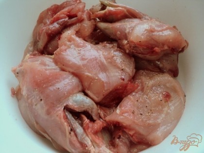 Кролика или зайца хорошо промыть и разрубить на куски. Каждый кусочек натереть смесью соли, сахара и перца.