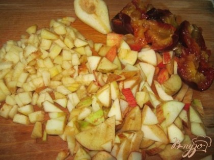 Яблоки и груши очистить от кожуры и сердцевины, некрупно порезать. У слив удалить плодоножки и косточки.