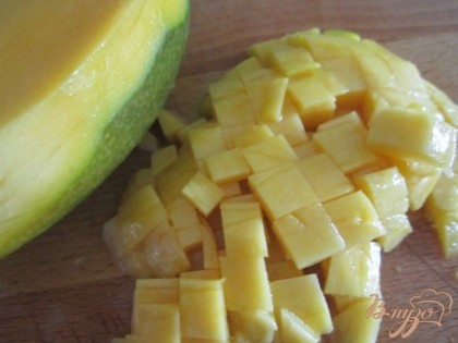 С половинки манго снять кожицу и нарезать на кусочки.В небольшой мисочке смешать кусочки манго и мяту, нарезанную мелко.