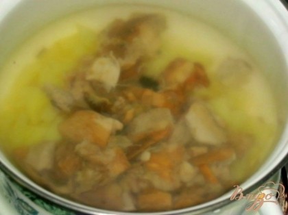 Далее грибы варить вместе с рисом и картофелем в кипящей воде.