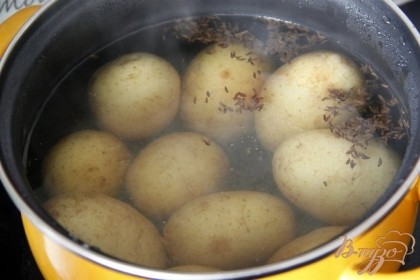Картофель помыть и отварить в мундирах 20-25 мин. в воде с добавлением соли и тмина (по 1 ч.л.). Можно отварить с вечера.