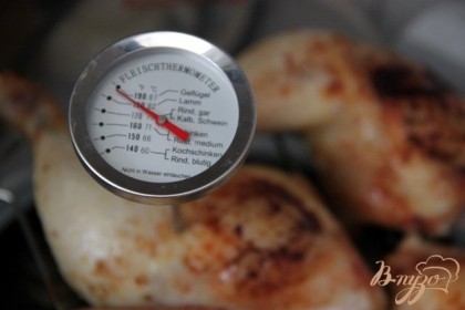 Готовить на гриле до готовности. В аэрогриле: разогреть до 250*С, запекать ок.30 мин., проверить термометром.Курица будет готова, если температура в толстом кусочке мяса будет 90 градусов, или когда сок при прокалывании прозрачный.