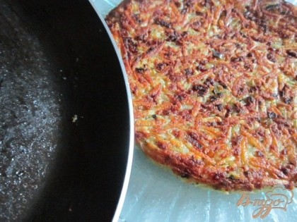 Картофельная лепешка окажется на тарелке вверх дном.На сковорду наливаем вторую часть масла и аккуратно перекладываем лепешку, она должна скользить по тарелке.